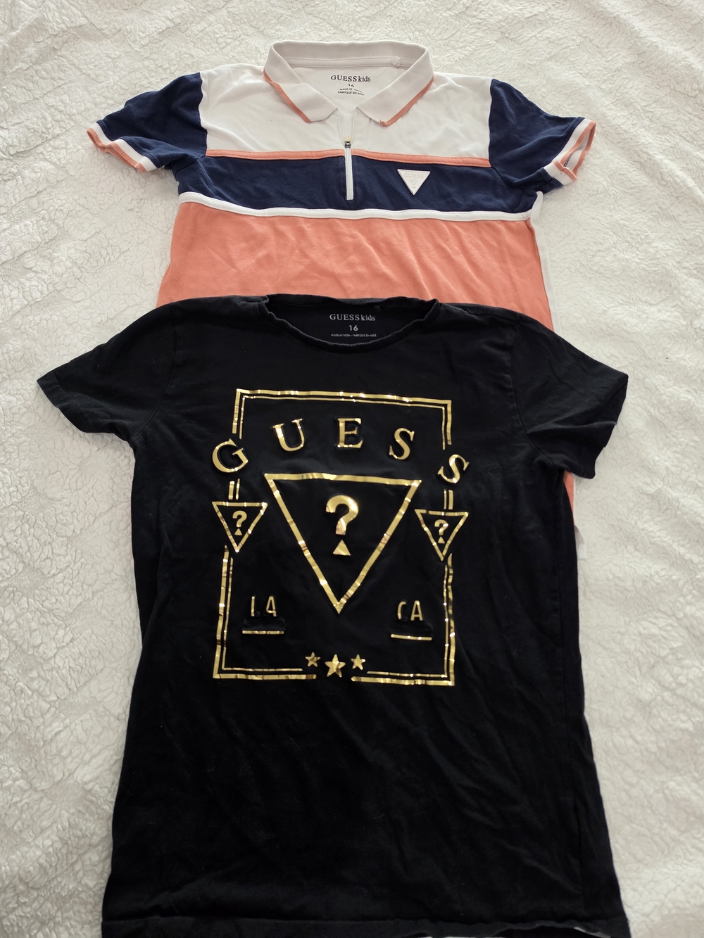 GUESS Black Graphic Tee & Coral Navy White Striped Polo Set